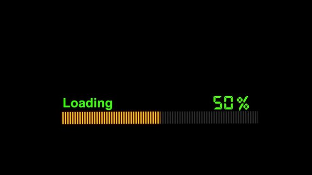 Digital loading progress yellow bar animation. Loading bar downloading progress animation transfer 0-100 on black background.