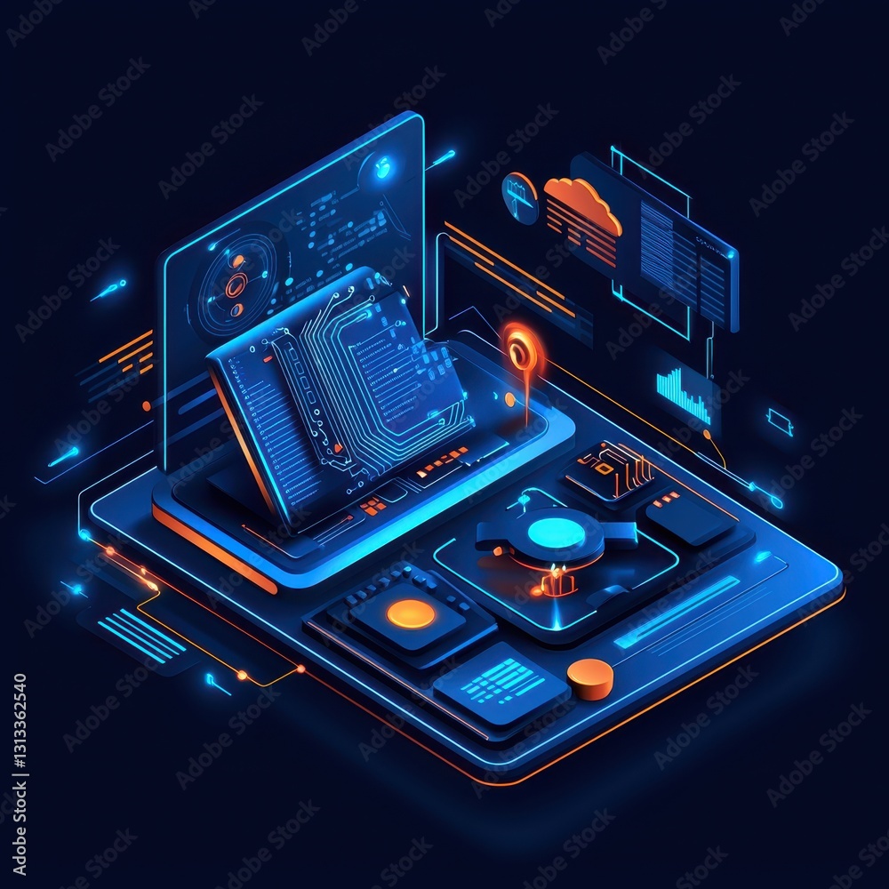 Poster futuristic digital interface with data analytics and visual elements