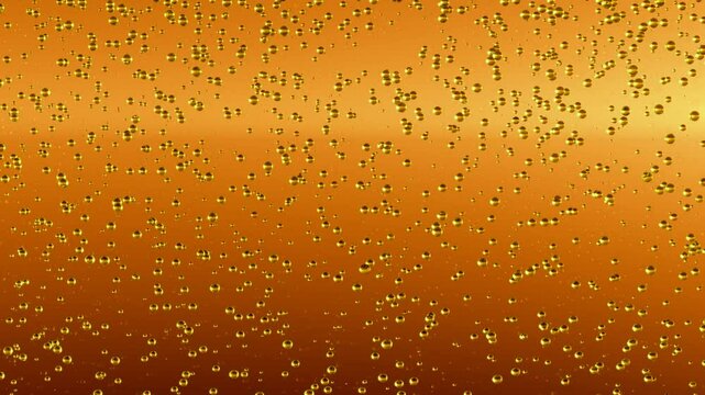 A seamless looping animation of lots beer bubbles rising through beer water on glass created by 3D modeling transparent and reflected particles liquid physics simulation.