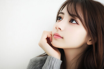 Fototapeta premium Beautiful young woman thinking with thoughtful expression on white background