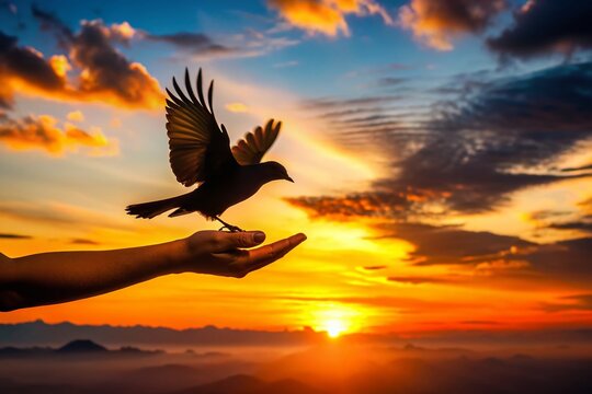 Silhouette of a Hand Force-Feeding a Bird, Dramatic Sunset Backdrop
