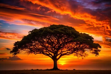 Obraz premium Silhouette of Brown Ficus Racemosa Tree at Sunset - Stock Photo