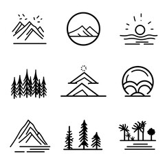 Minimalist Outline Icons Featuring Mountains Trees and Tropical Islands