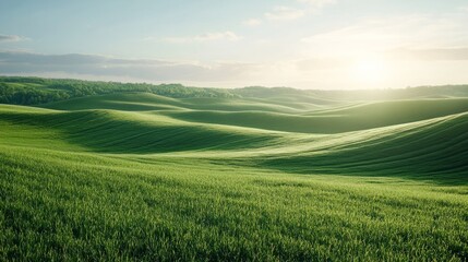 Obraz premium Serene green landscape with empty space for product showcase, bright natural lighting and soft textures
