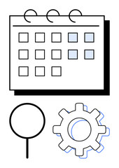 Calendar with highlighted dates, gear, and magnifying glass suggesting scheduling, productivity, analysis, and process optimization. Ideal for time management, research, organization strategy