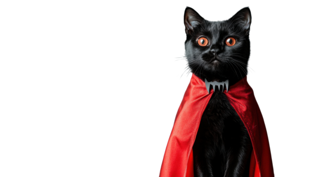 Black cat wearing red vampire cloak for halloween on transparent background