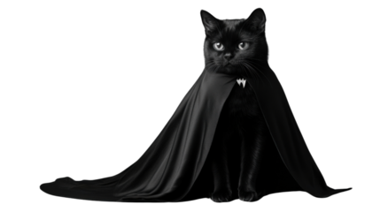 Black cat wearing dracula cape with transparent background