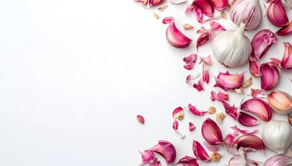 Whole garlic bulbs and cloves arranged on white background