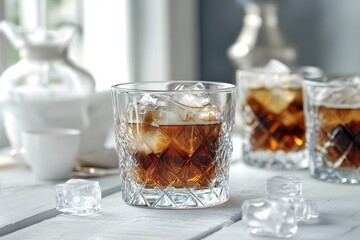 Iced coffee with cream on a white wooden table