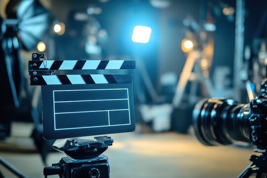 Filming action closeup of a clapperboard in a movie production studio capturing creative cinematic moments in a professional environment