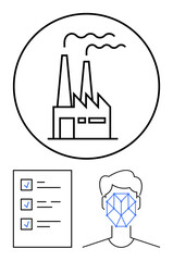 Factory with emissions, facial recognition grid, and task checklist. Ideal for energy, industry, compliance, automation, technology data reporting. Flat simple metaphor