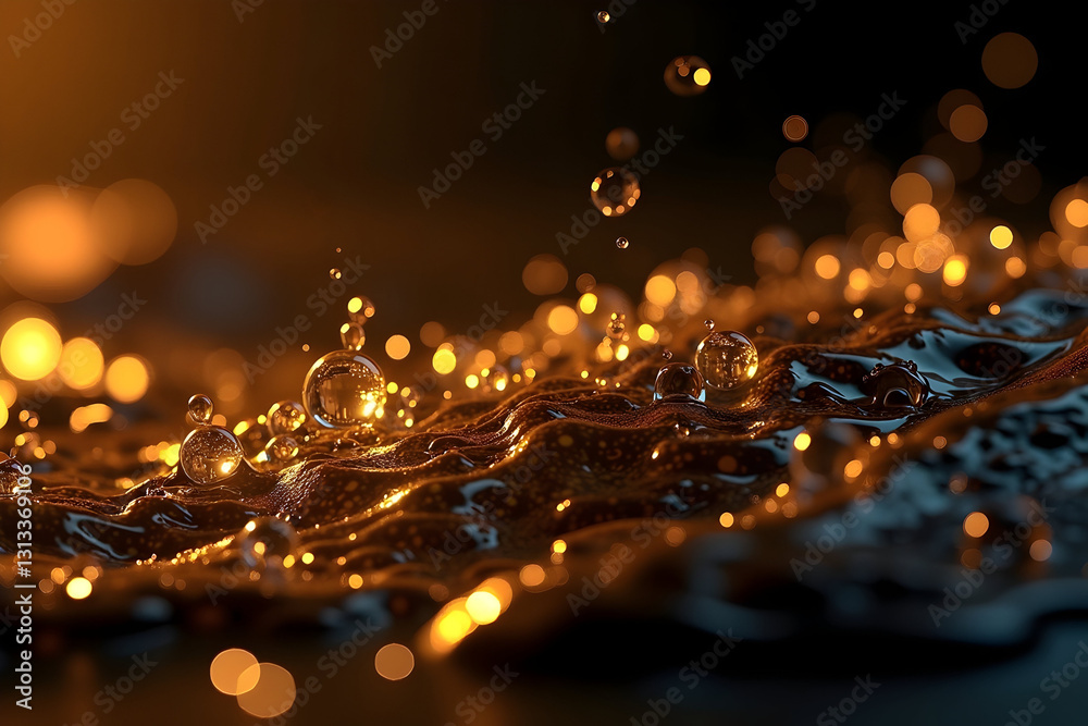 Poster glistening droplets create a mesmerizing display of light and texture on a dark surface.