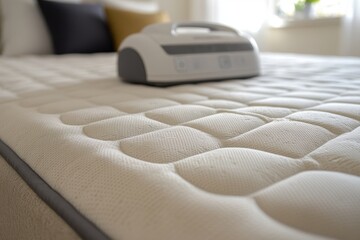 Fototapeta premium Cream-colored mattress with quilted texture, a vacuum sealer sits on top. Illustrates clean bedding and convenient storage, ideal for hotel, home, or cleaning services.