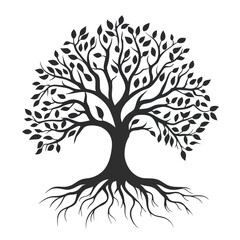 Silhouette Tree of Life: Roots, Branches, Leaves Symbolizing Growth and Nature