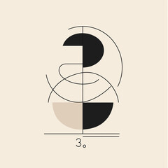 Abstract Number Three Art: Geometric Shapes, Black, Beige, Modern Design