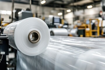 Industrial machine processing transparent plastic film in a manufacturing facility.
