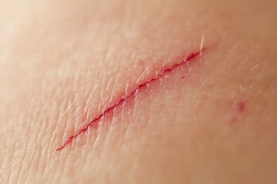 Close-up of a fresh, red cut on human skin, showing fine details of the wound.