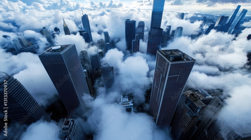 Poster Aerial view of skyscrapers shrouded in clouds, creating a mysterious urban landscape with a blend of modern architecture and atmospheric weather.