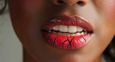 Fototapeta premium Close-up of a woman's cracked lips, highlighting dryness and need for hydration.
