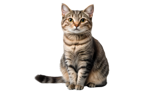 Cat sitting, transparent background, PNG file with white space on the left side and empty area to add text, transparent background