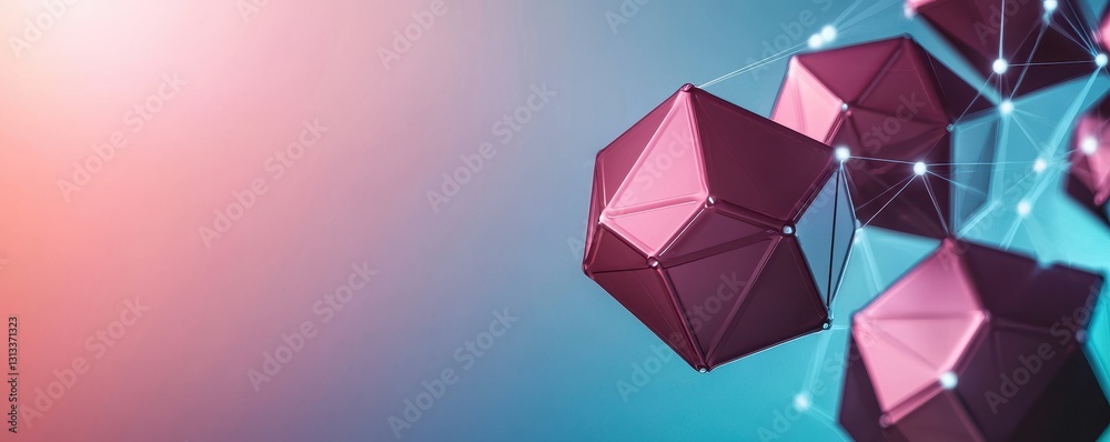 Poster A vibrant abstract design featuring geometric shapes connected by lines, set against a colorful gradient background.