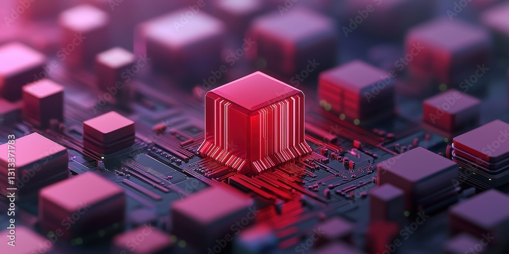 Poster A close-up view of a computer circuit board featuring a prominent red microchip among smaller components, showcasing modern technology and design.