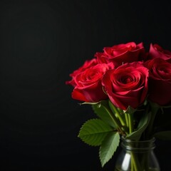 Fototapeta premium Elegant bouquet of red roses on a black backdrop, love, romantic, bouquet