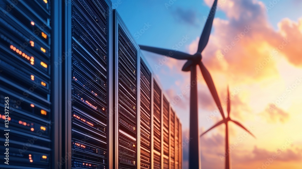 Poster a server farm alongside wind turbines under a colorful sunset, symbolizing the integration of techno