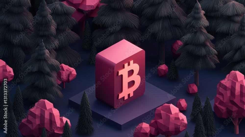 Poster a stylized bitcoin symbol stands in a vibrant, forest-like environment, surrounded by colorful rocks