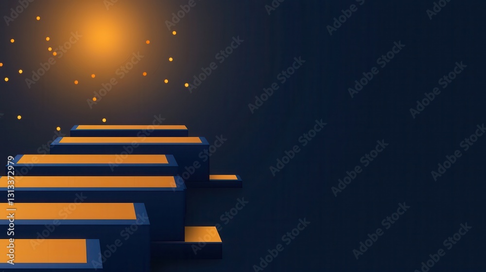 Poster A minimalist digital design featuring illuminated rectangular shapes ascending towards a glowing orb, set against a dark background.