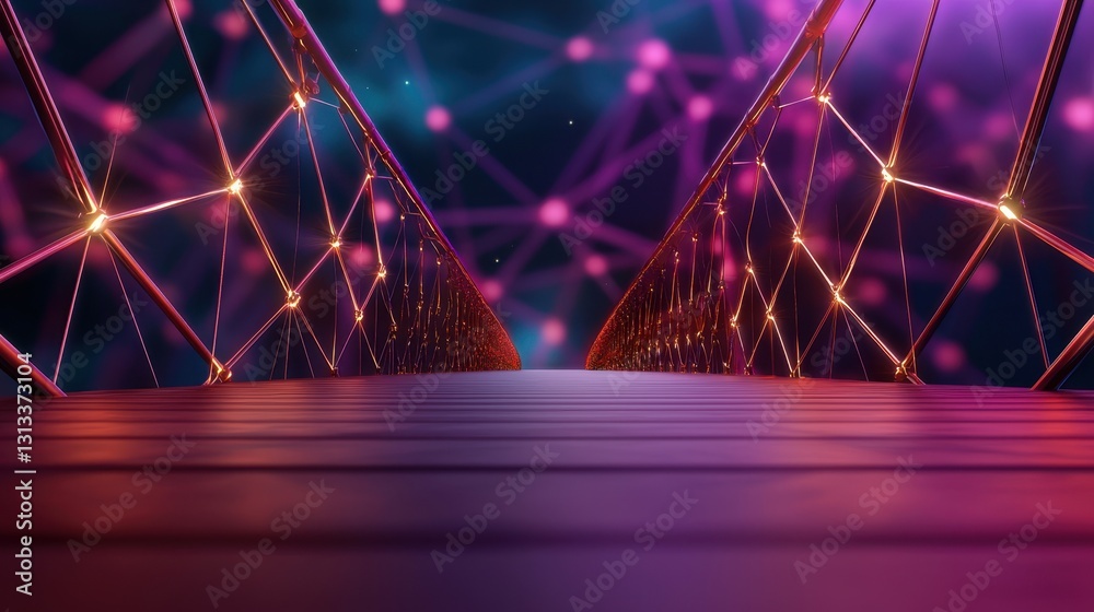 Poster a vibrant, futuristic bridge illuminated with glowing lines and dots, set against a dark, abstract b