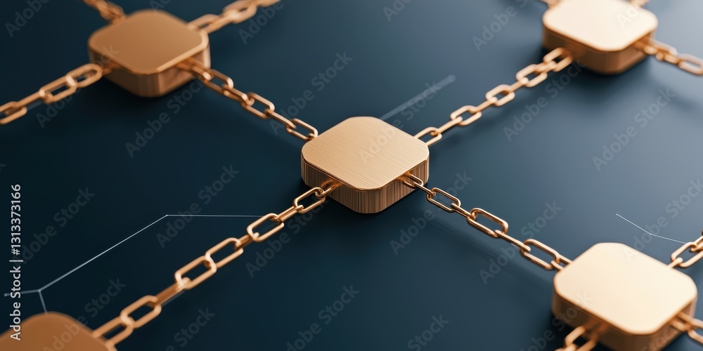Aufkleber A close-up view of interconnected golden chains and blocks on a dark surface, symbolizing blockchain technology and digital connectivity.