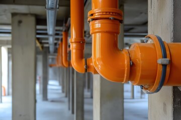 New sewage piping system installed on site orange PVC drainage pipes added