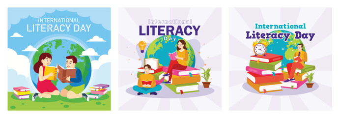 Commemorate Literacy Day by reading a book. Happy Literacy Day . Set flat vector illustration.