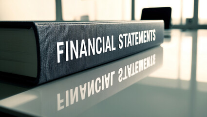 Fototapeta premium A book cover titled Financial Statements resting on a sleek office desk. The background is softly blurred, showing an office scene.