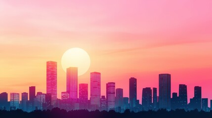 Fototapeta premium A vibrant sunset over a city skyline, showcasing tall buildings silhouetted against a colorful sky of pink and orange hues.