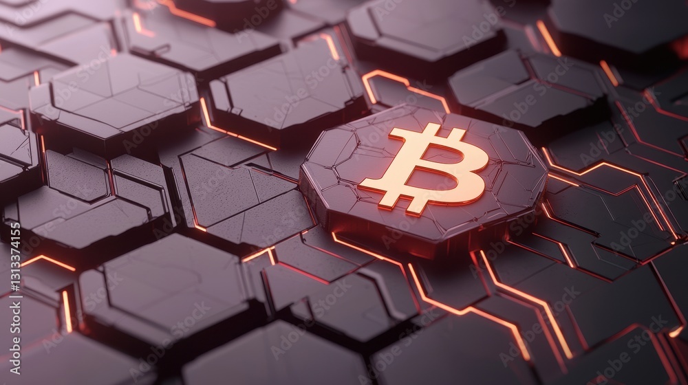 Poster A stylized Bitcoin logo is set against a futuristic hexagonal background, illuminated with glowing accents, representing digital currency and blockchain technology.