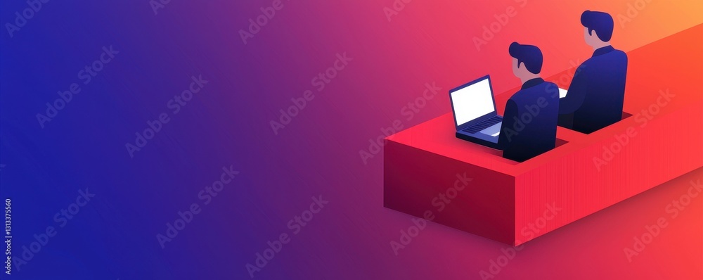 Aufkleber Two individuals working on laptops, seated on a vibrant red platform against a colorful gradient background, representing teamwork and technology.