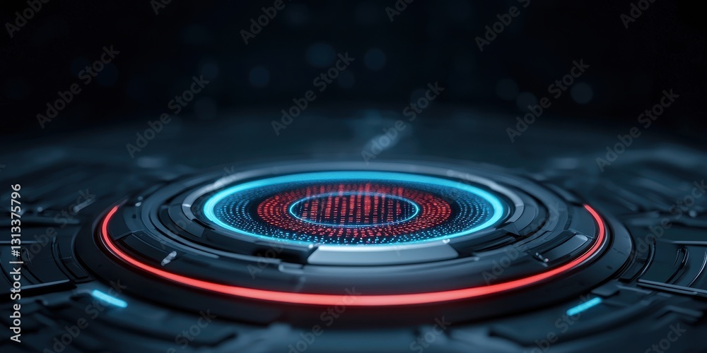 Poster a futuristic, circular interface with glowing blue and red elements, set against a dark background, 