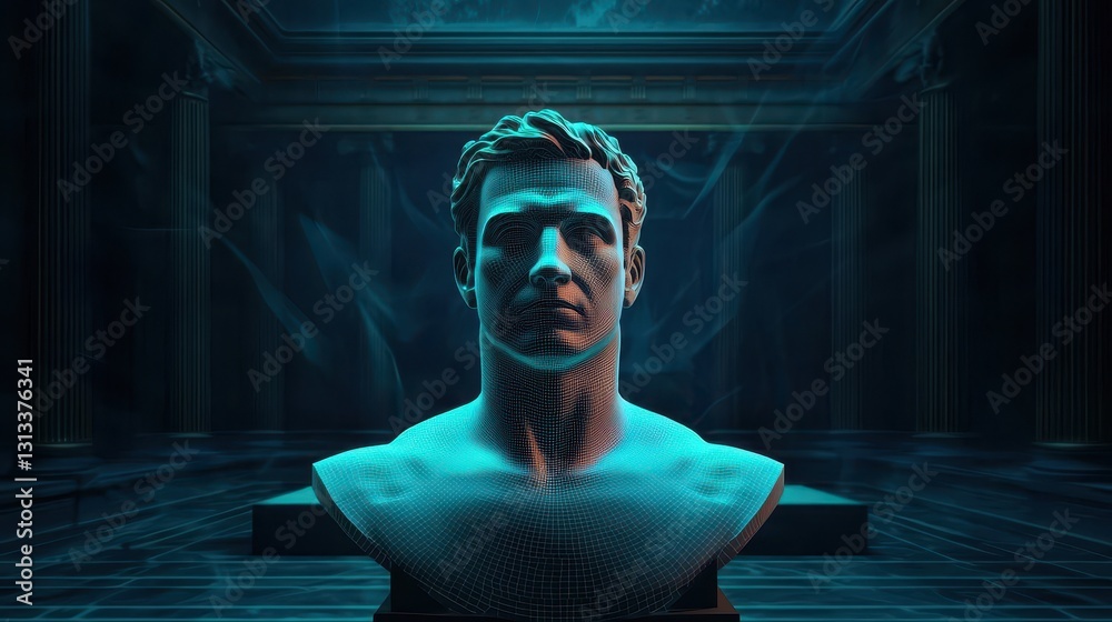 Poster a glowing, stylized bust of a man in a dark, ethereal setting, surrounded by a subtle blue light, cr