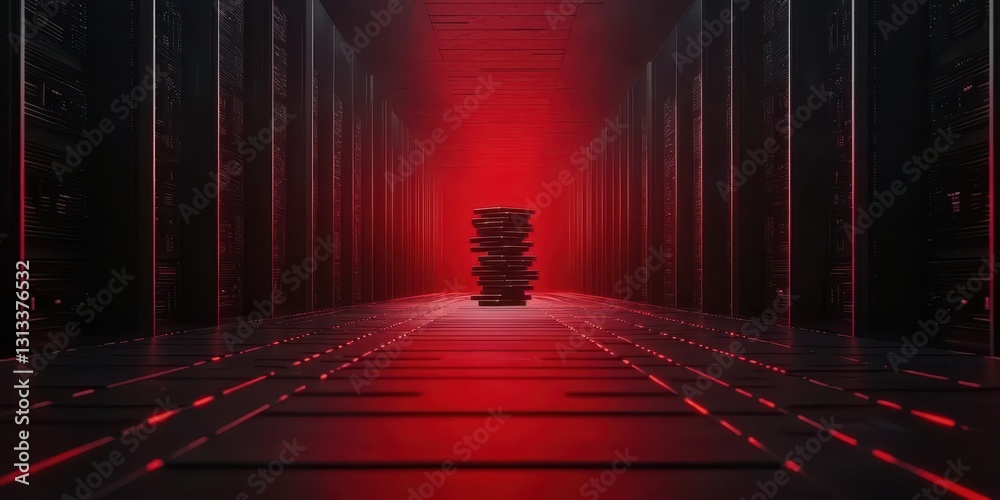 Poster A dimly lit data center corridor with stacks of servers illuminated by a striking red glow, creating a dramatic and technological atmosphere.