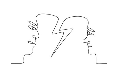 Continuous line art of angry face with a woman face in relationship breakup concepts,editable lineart vector illustration.