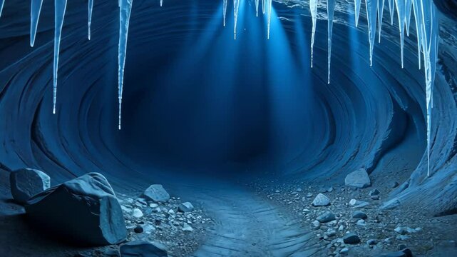  Icicles Hanging from the Ceiling of an Ice Cave with Blue Light