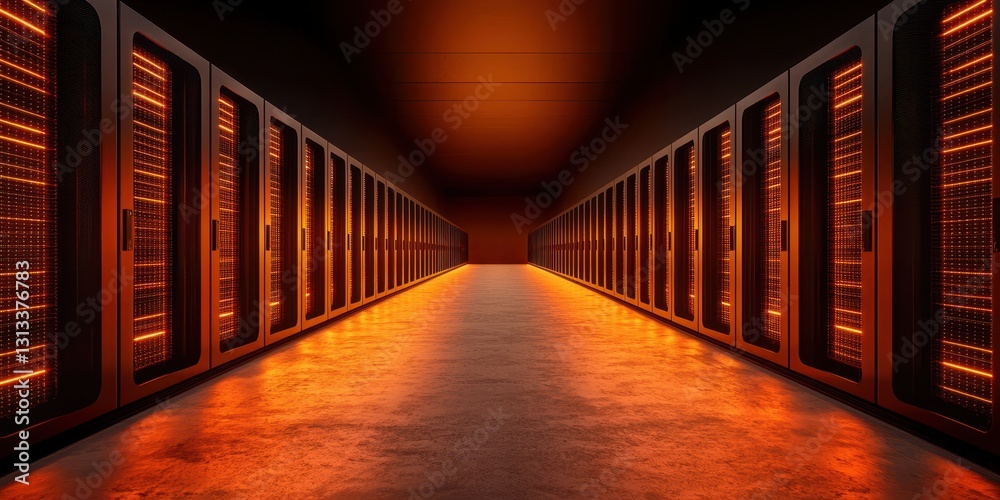 Poster A high-tech server room illuminated with orange light, showcasing rows of servers aligned in a corridor-like structure.