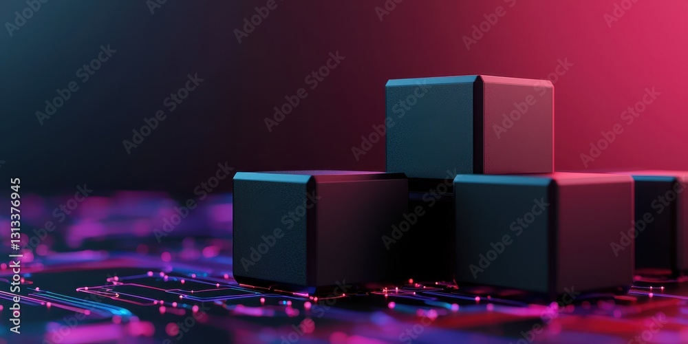 Poster a close-up view of dark blocks on a vibrant, illuminated circuit board, showcasing a blend of techno