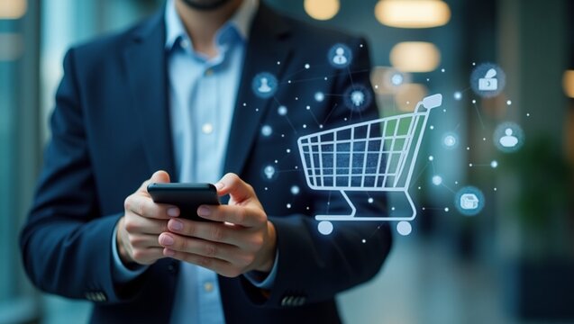 Businessman hold smartphone with online shopping concept, marketplace website with virtual interface of online Shopping cart part of the network, Online shopping business with selecting shopping cart. - Powered by Adobe