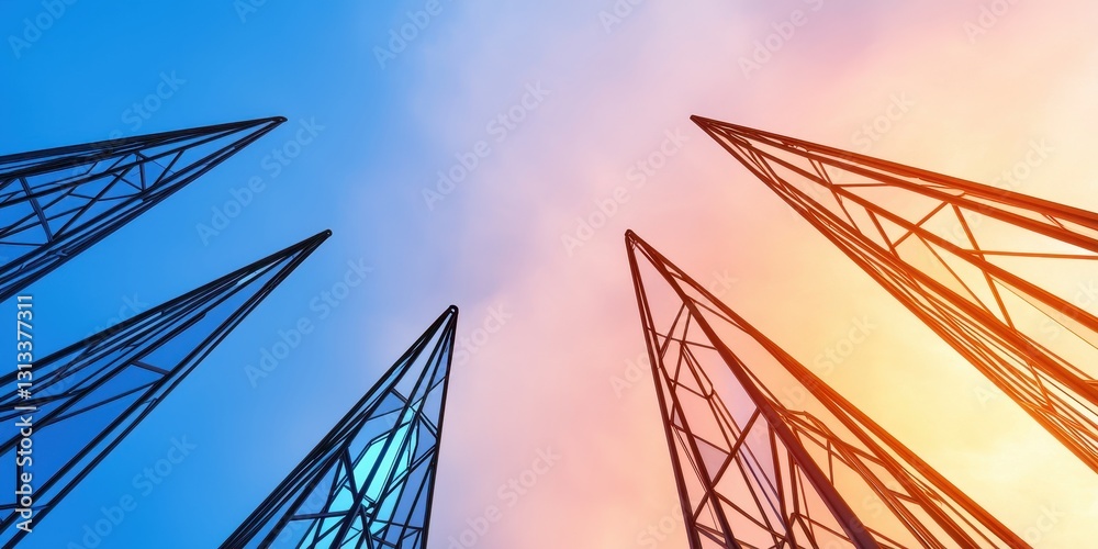 Poster a stunning perspective of towering structures against a vibrant sky, blending hues of blue and orang