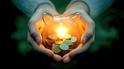  A pair of hands gently cradling a transparent piggy bank filled with coins, glowing softly from a small light bulb nestle