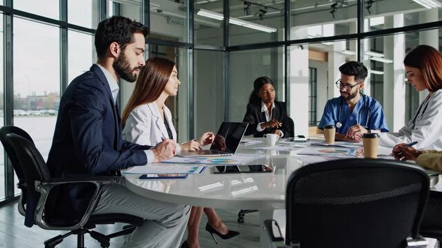Video of a diverse team in a modern office, captured from a side angle, showcasing collaboration and discussion around a round table.