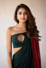 Fototapeta premium Young beautiful woman in navy blue color saree